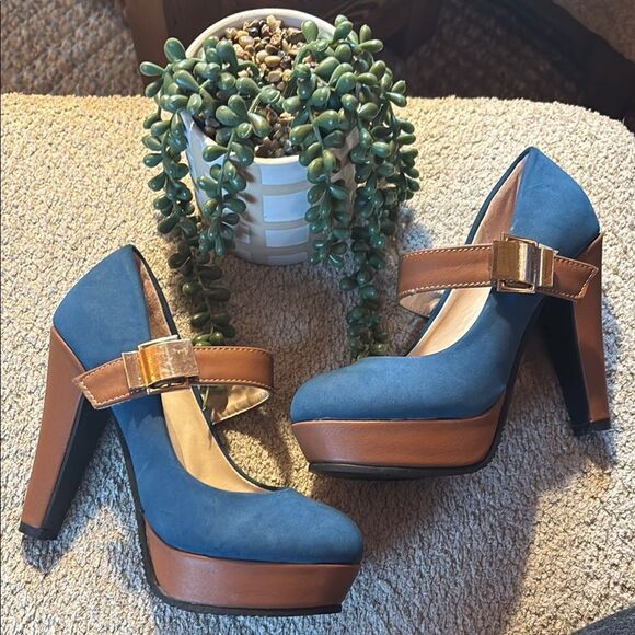 Blue and Brown Women's Platform Heels - Picture 1 of 15